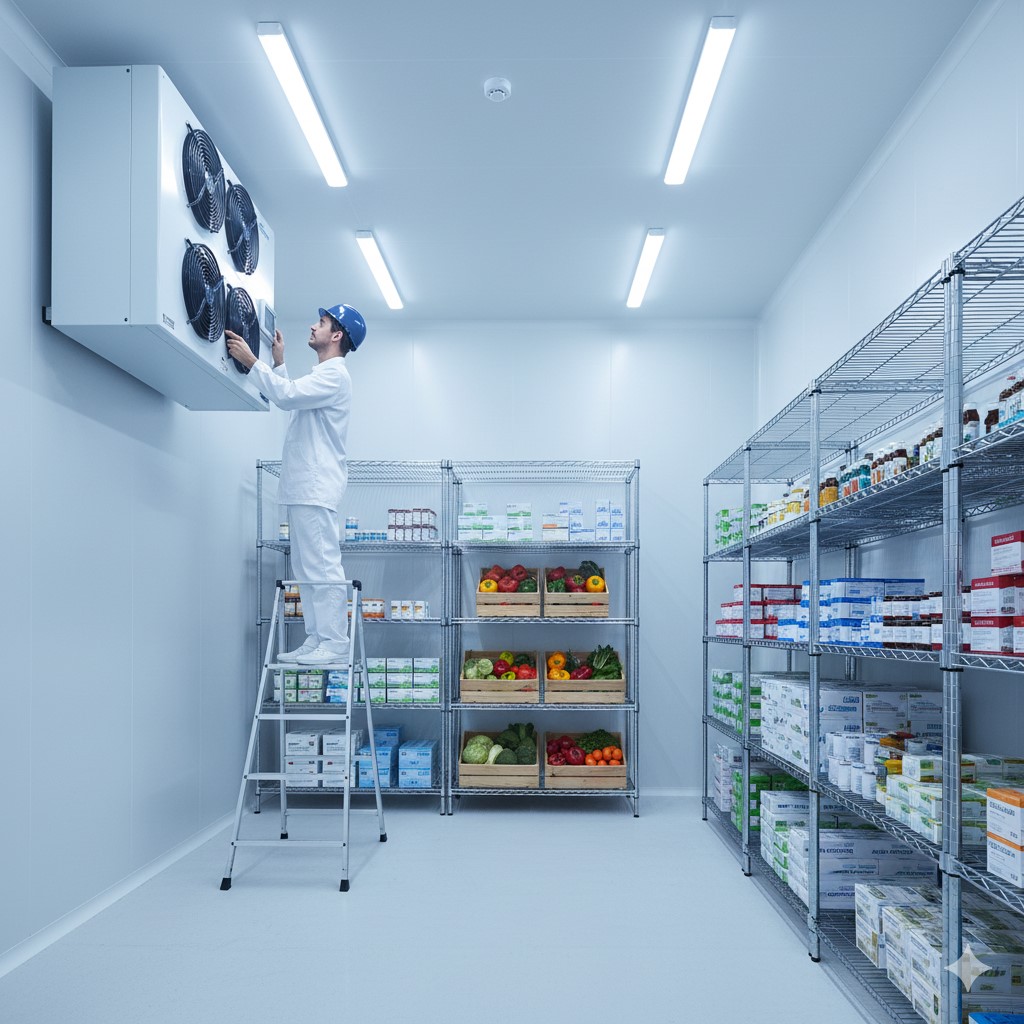 Inside of a large, well-organized cold room
