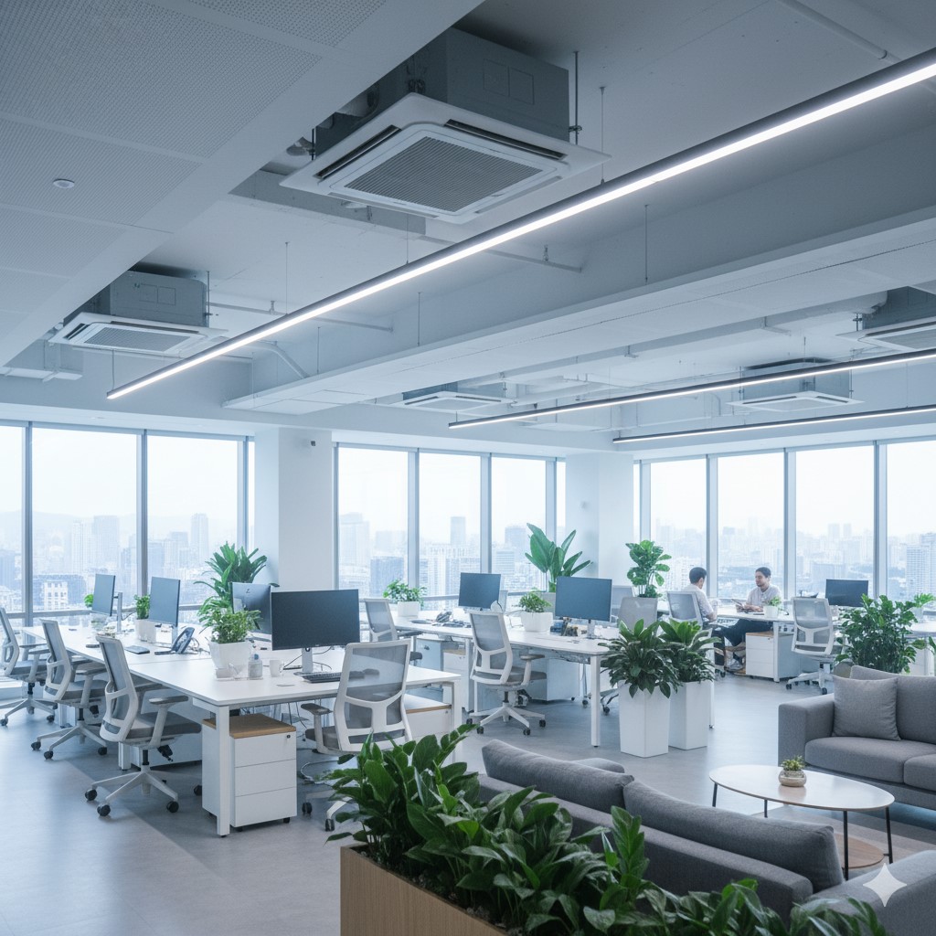 Modern office building with commercial AC units