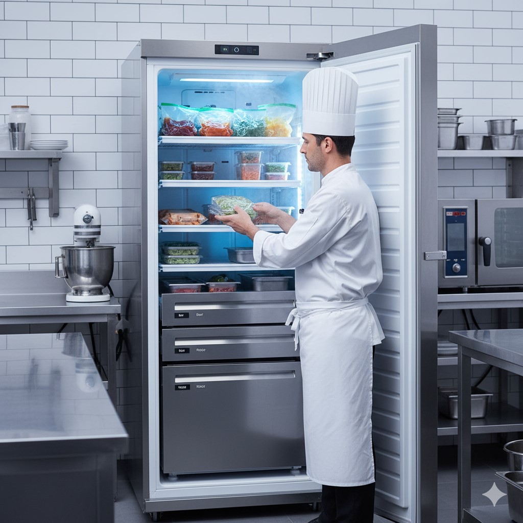 Commercial kitchen with deep freezers