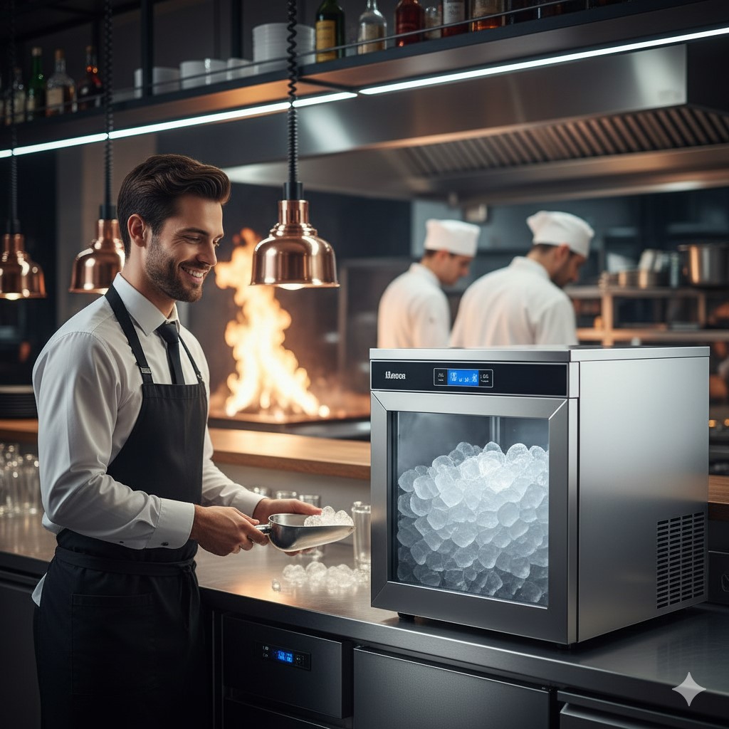 Commercial ice machine producing ice cubes