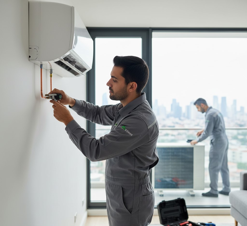 Technician installing an AC unit