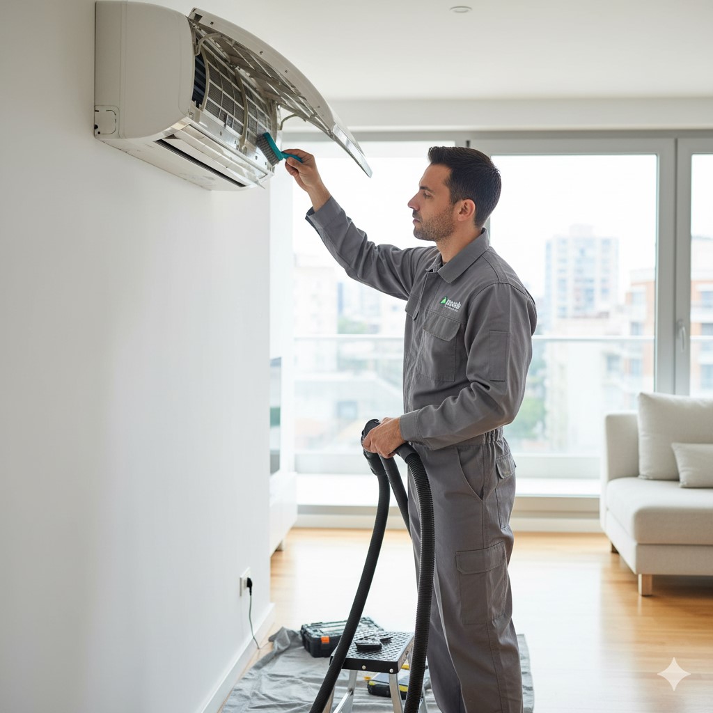 Technician performing AC maintenance
