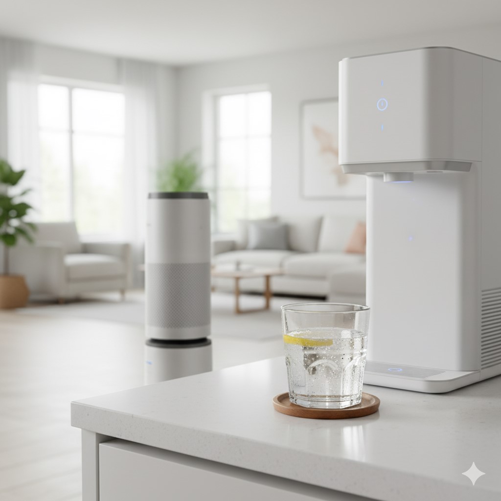 Clean drinking water being poured, with an air purifier in the background