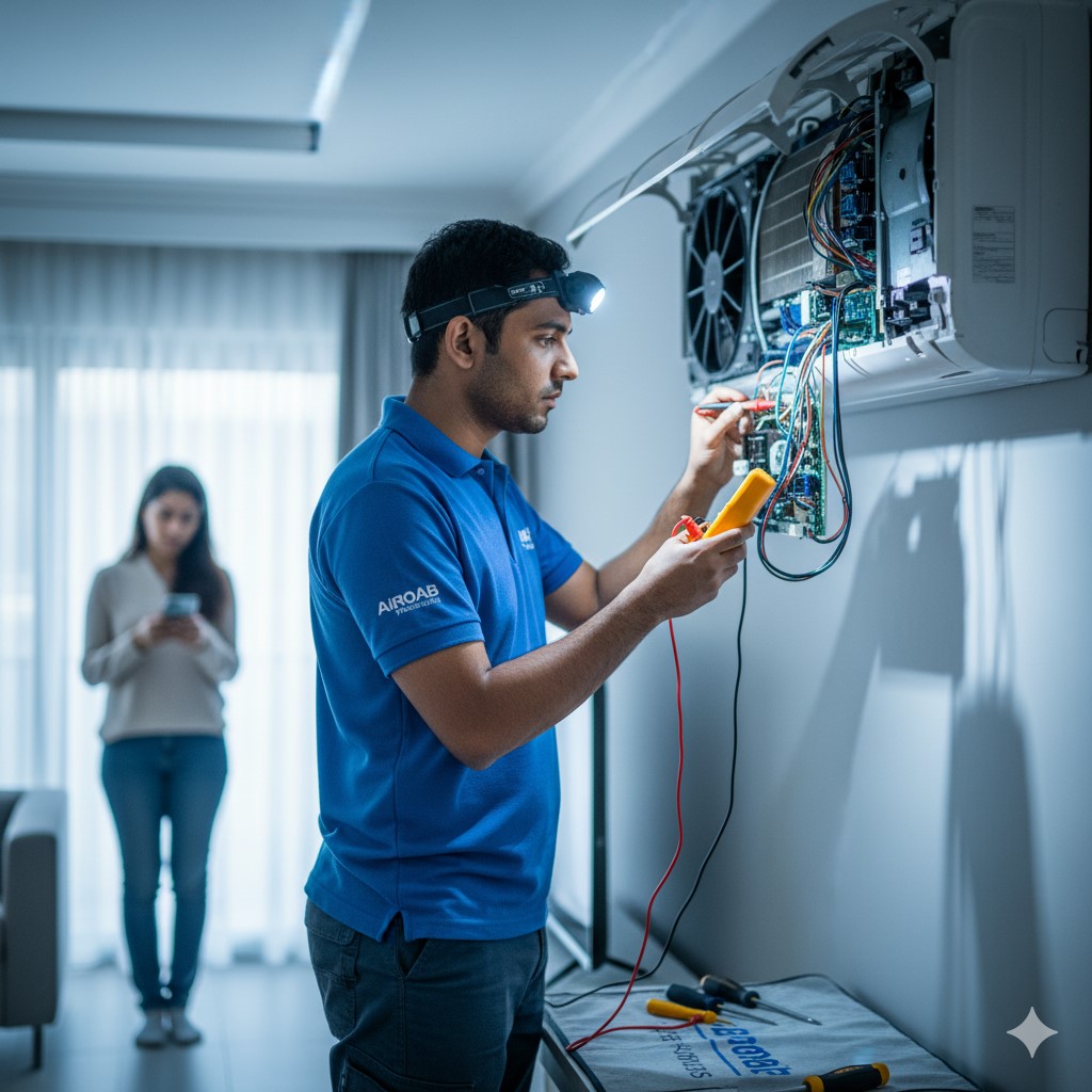 Technician diagnosing a faulty AC unit