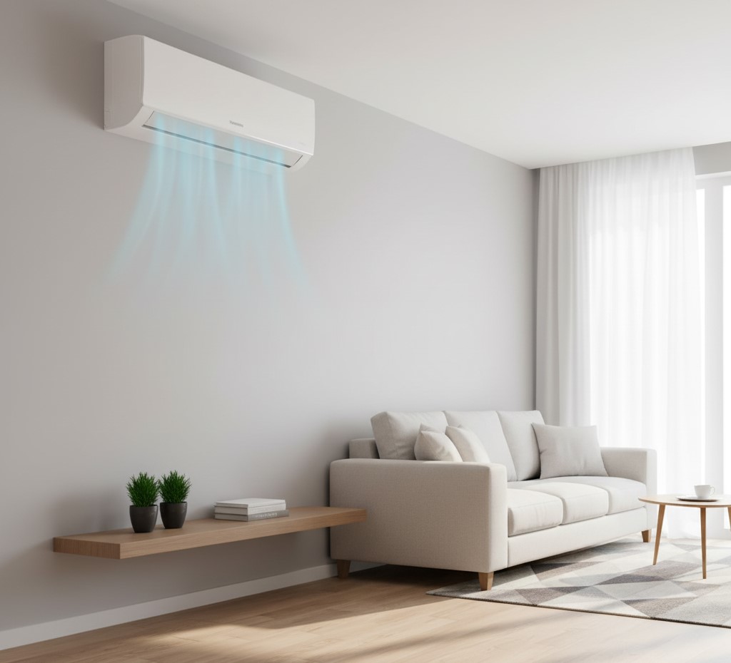 Modern split AC unit installed in a living room