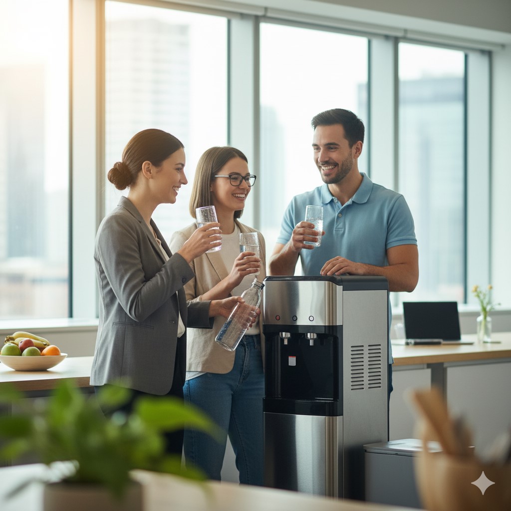 Family drinking water from a modern water cooler